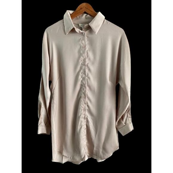 NWT Umgee USA Women’s Pink Champagne Long Sleeve Button‎ Up Tunic Blouse Sz M - Picture 1 of 8